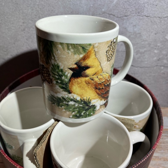 Cardinal Tea Coffee Cup Set of 4 Mugs Bird Stoneware Cracker Barrel Plaid VTG - Picture 7 of 9